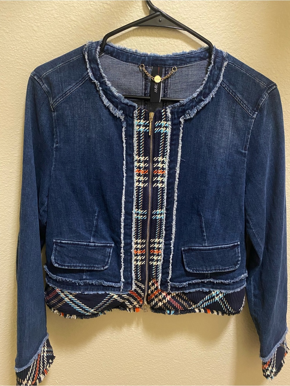 Marc Cain Dark Blue Denim Jacket with Multicolor Tweed Trim